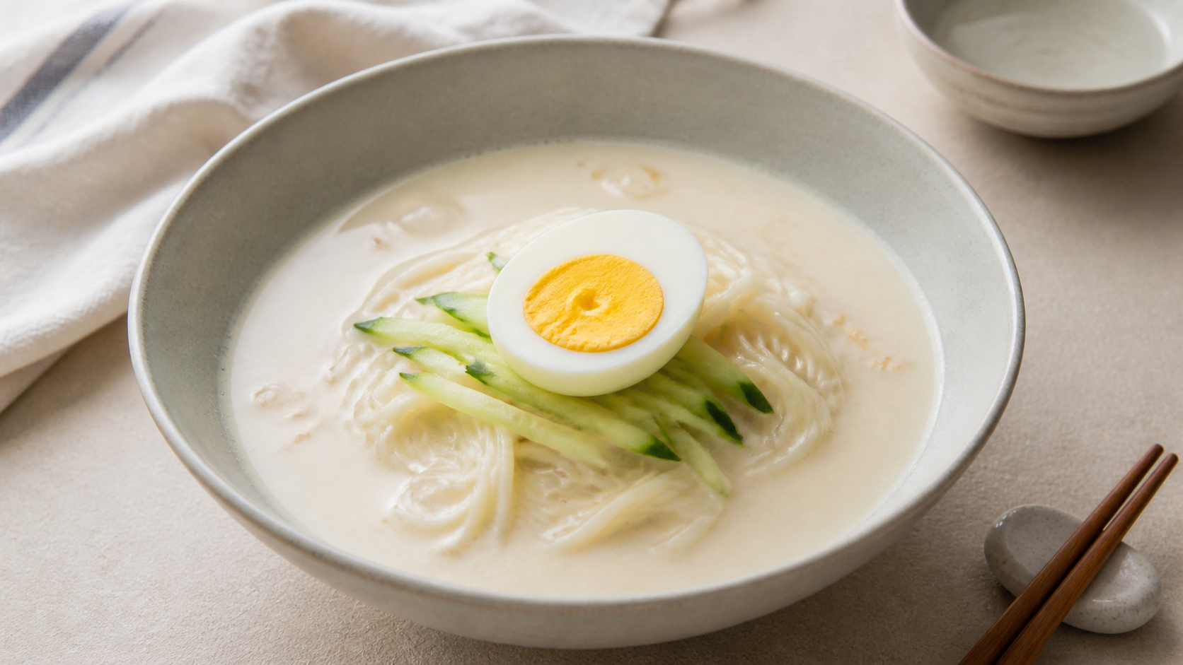 오이채와 삶은 달걀을 올린 고소한 콩국수 한 그릇