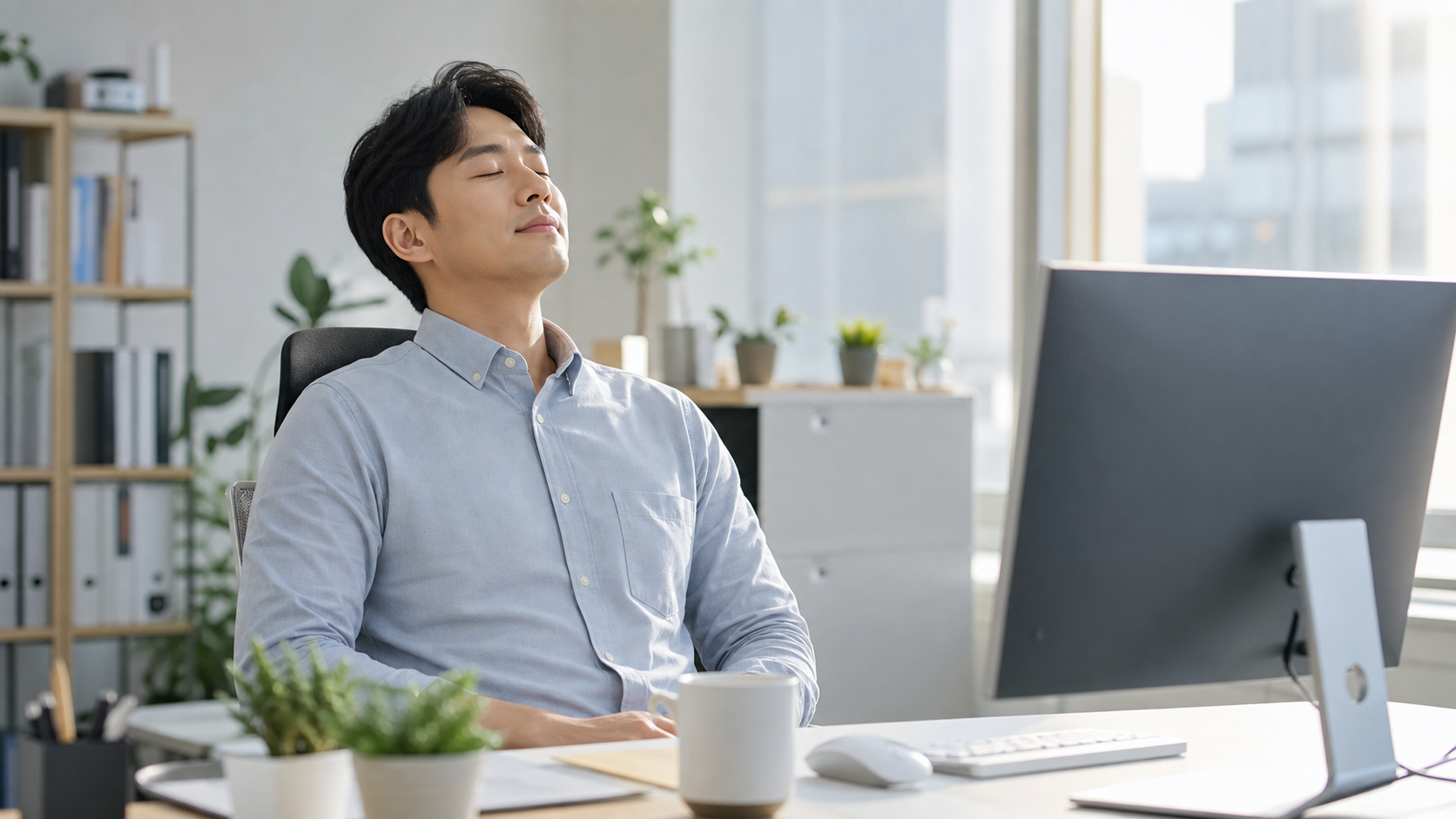 모니터 앞에서 눈을 감고 쉬는 모습