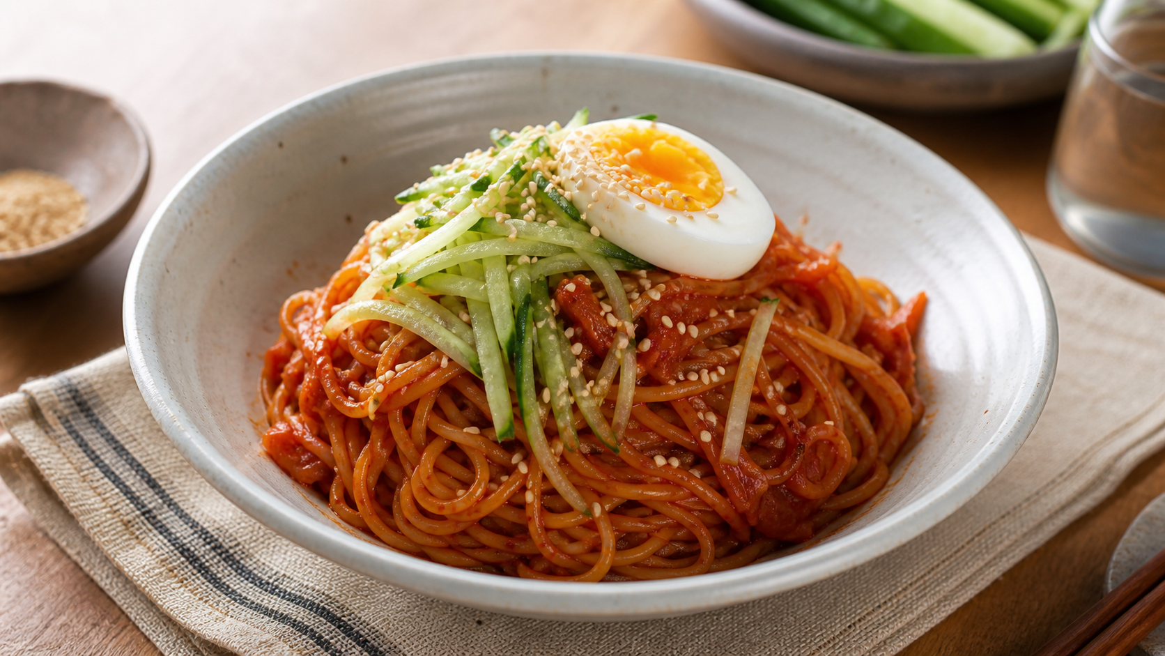 오이와 달걀을 올린 붉은 비빔국수를 젓가락으로 비비는 모습