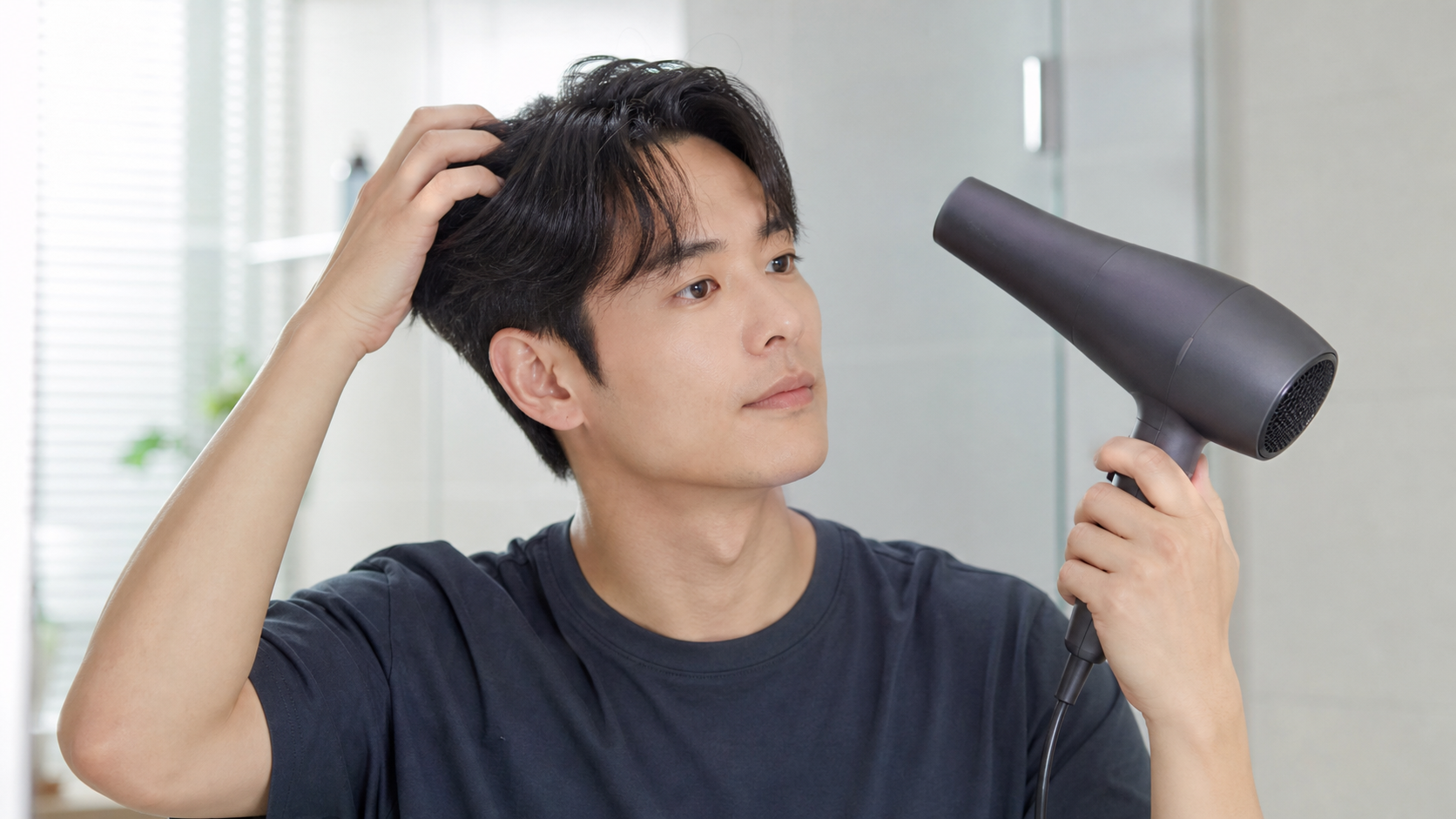 드라이기로 머리를 말리는 모습