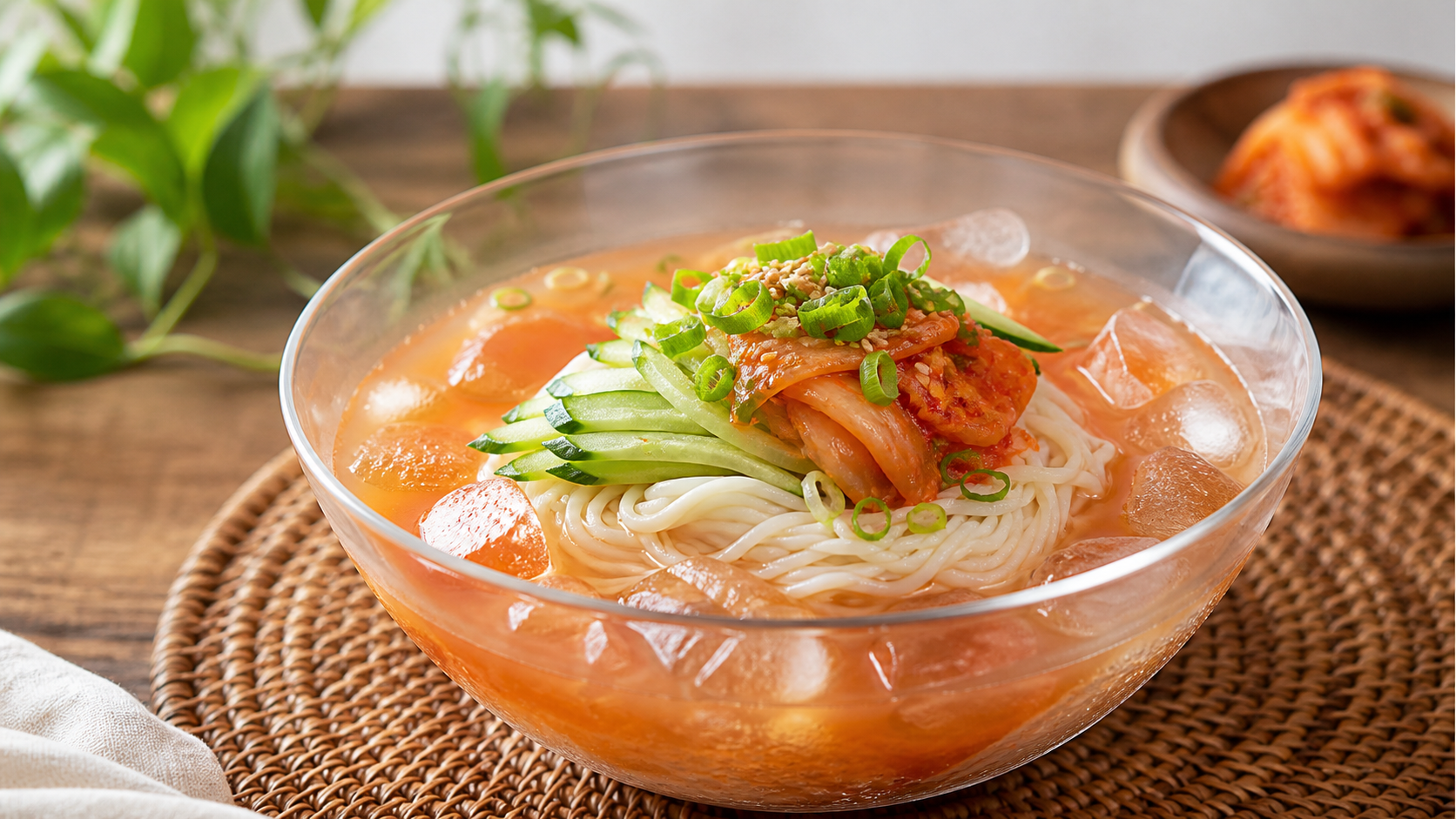 잘게 썬 김치와 오이, 얼음을 올린 김치말이국수