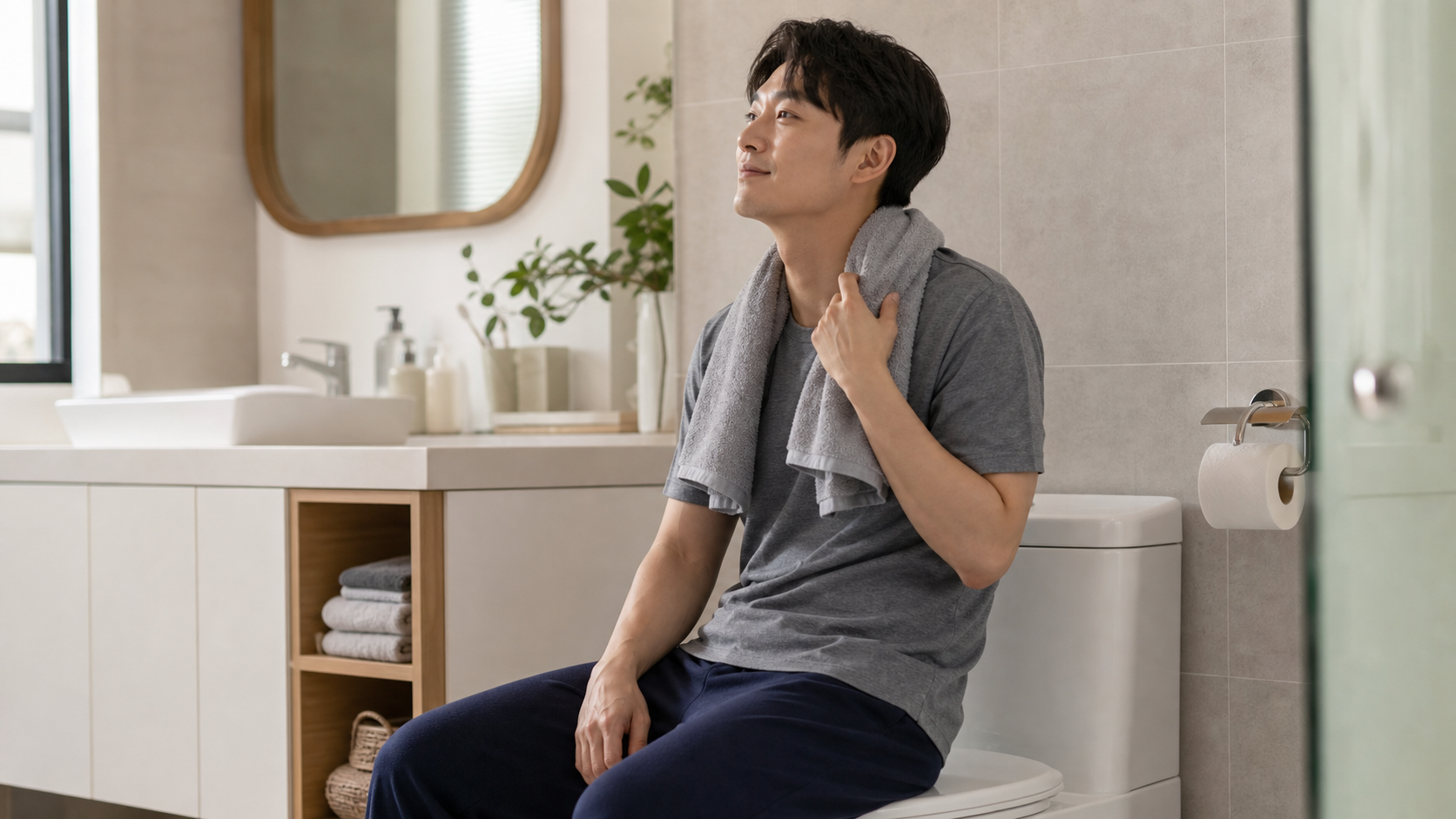 따뜻한 샤워 후 어지러워하는 모습