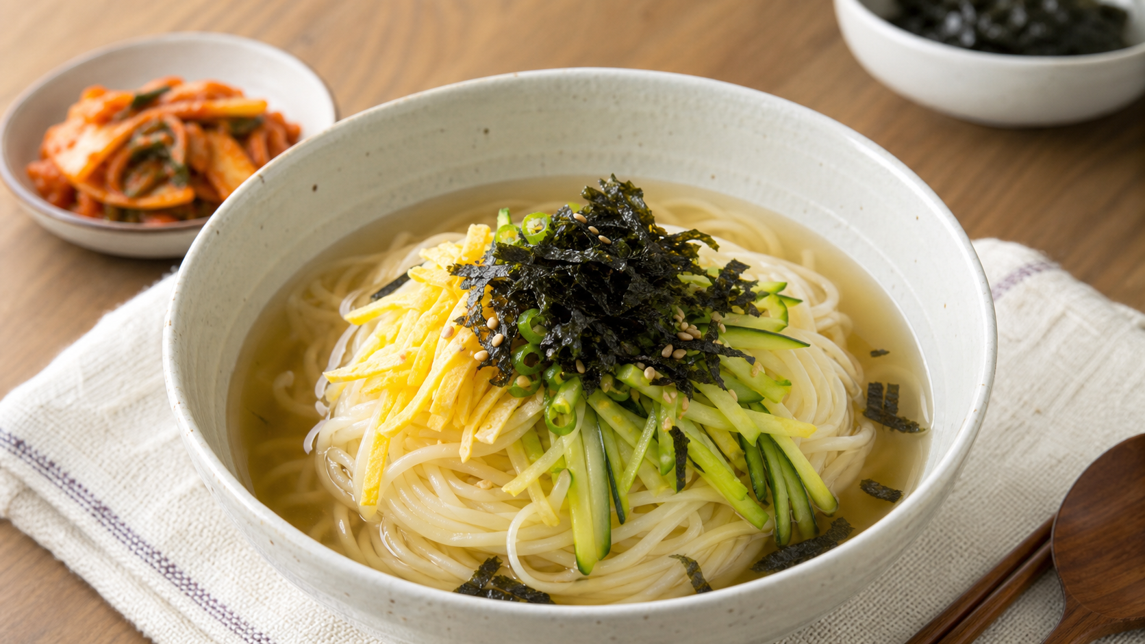 맑은 멸치 다시마 육수에 애호박과 김가루를 올린 잔치국수