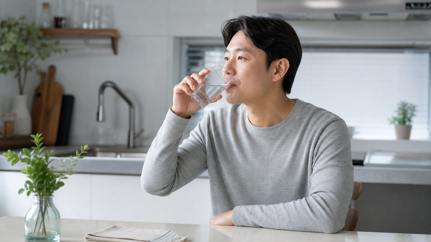 미지근한 물을 마시며 구강 자극을 줄이는 모습