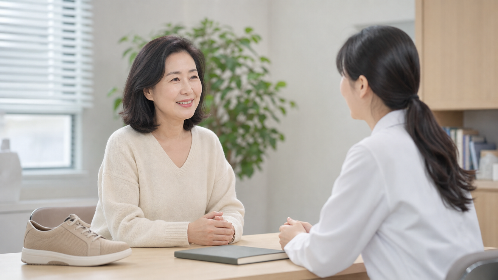 의료진과 편안하게 발 건강을 상담하는 모습