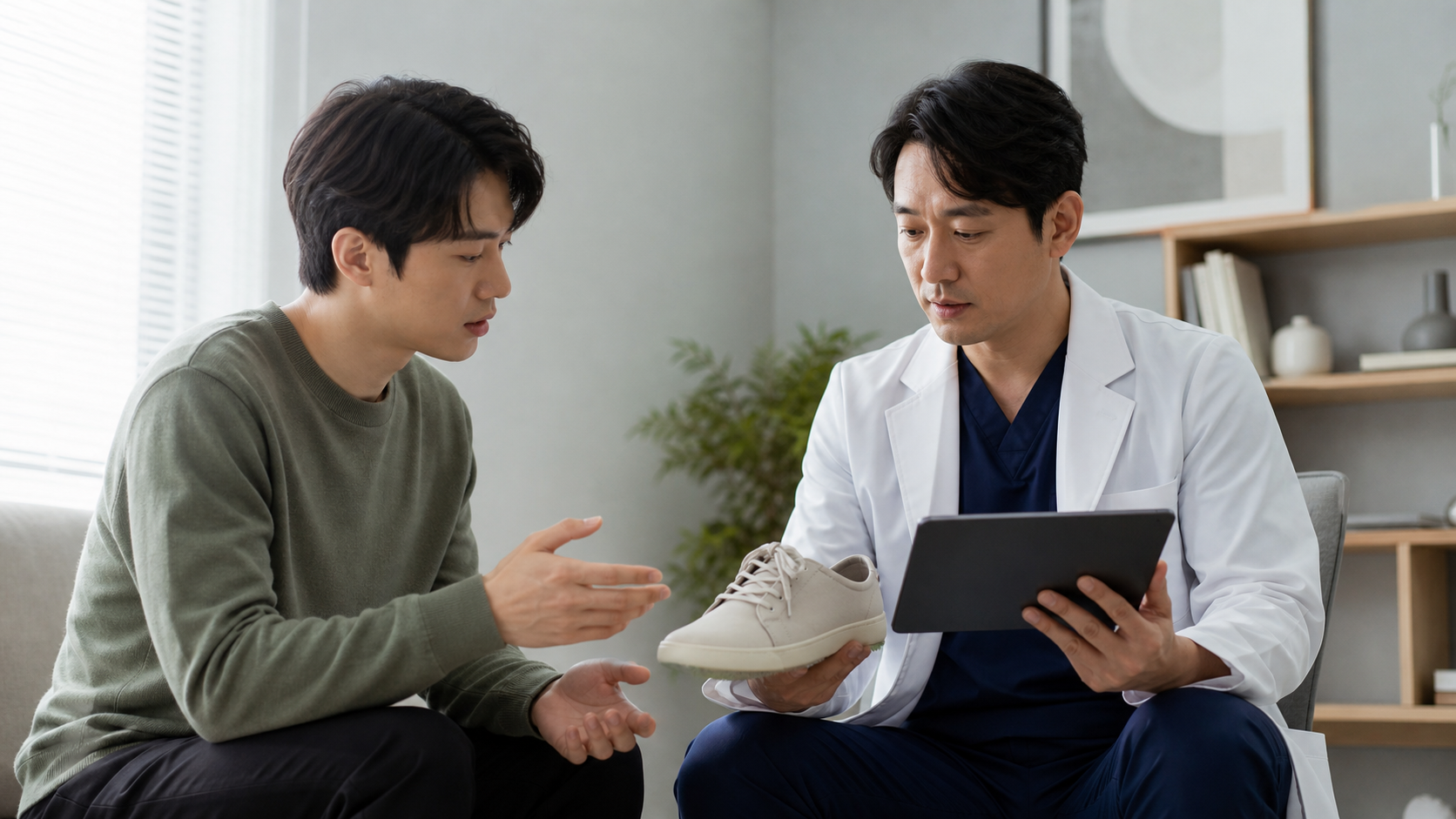 진료실에서 발톱 관리 방법을 듣는 모습