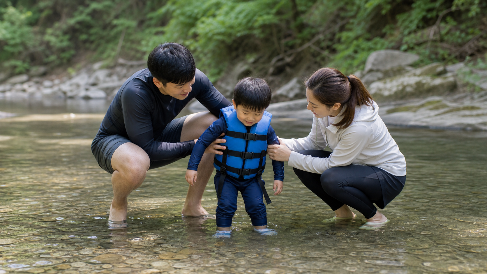 계곡에서 물놀이하는 가족