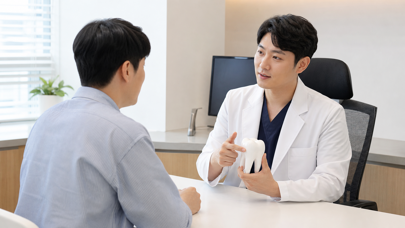 치과에서 치아 상태 설명을 듣는 모습