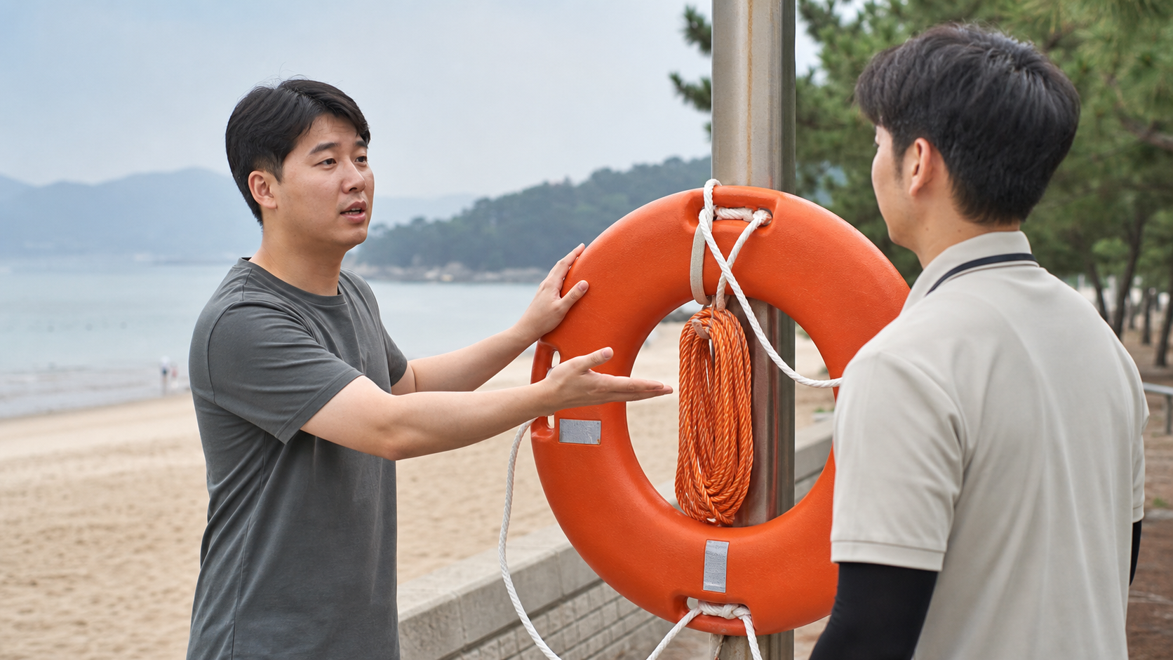 물가 안전지점에서 구명환을 건네고 도움을 요청하는 모습