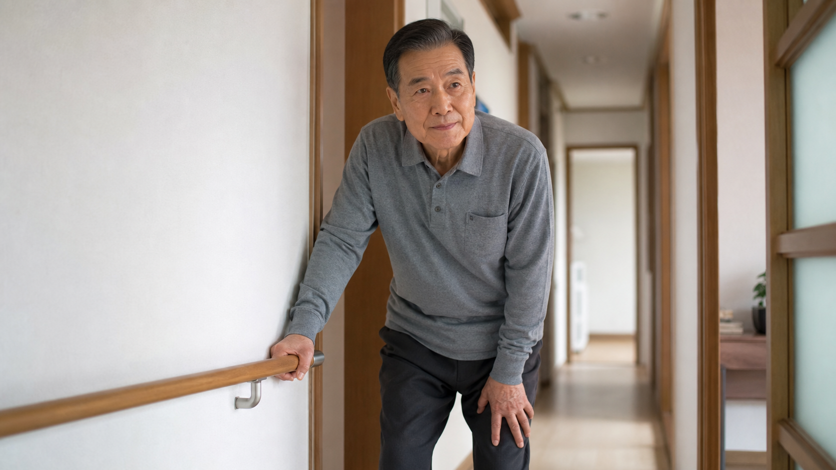 어르신이 손잡이를 잡고 천천히 일어나는 모습