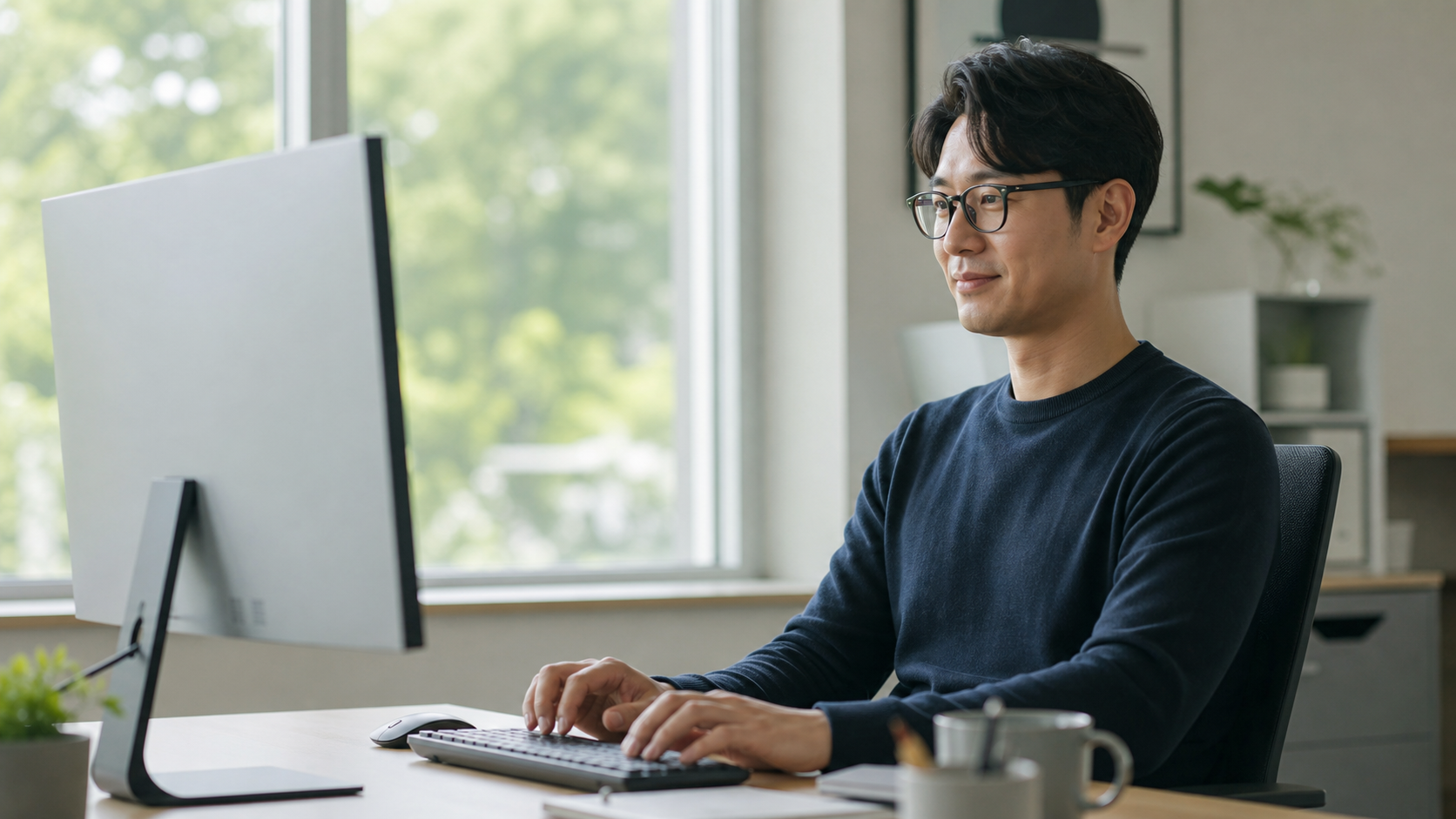 안경을 쓰고 편안하게 화면을 보는 모습