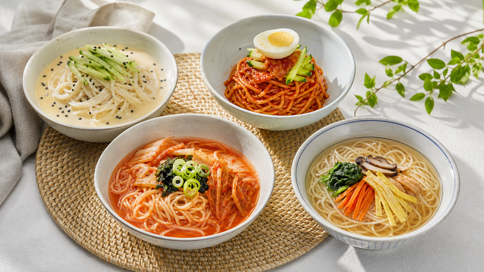 콩국수, 비빔국수, 김치말이국수, 잔치국수를 작은 그릇에 나란히 담은 모습