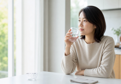차가운 음료를 마시며 치아 시림을 느끼는 모습