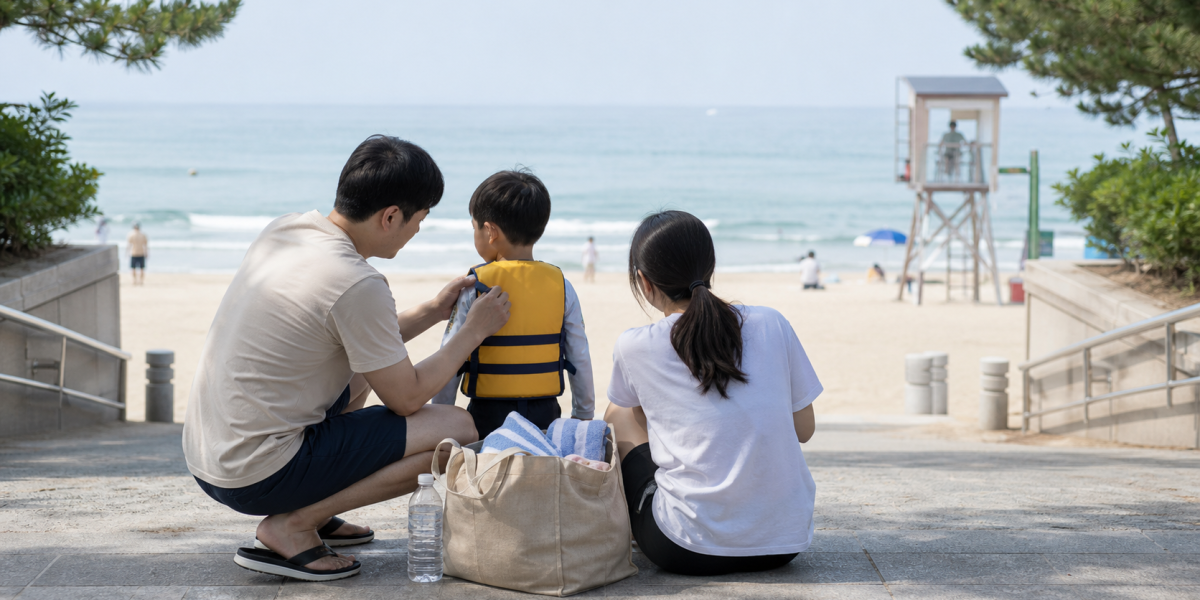 구명조끼와 물놀이 가방을 챙기는 여름 물놀이 준비 모습