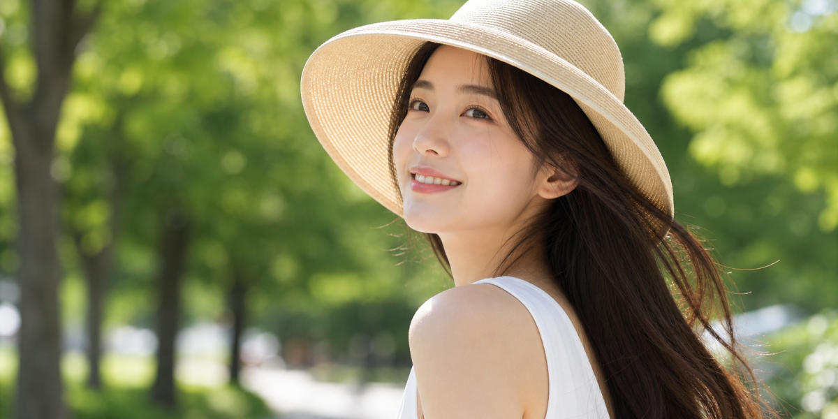 여름 햇빛 아래 통기성 모자로 두피를 보호하는 성인