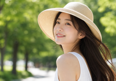 여름 햇빛 아래 통기성 모자로 두피를 보호하는 성인