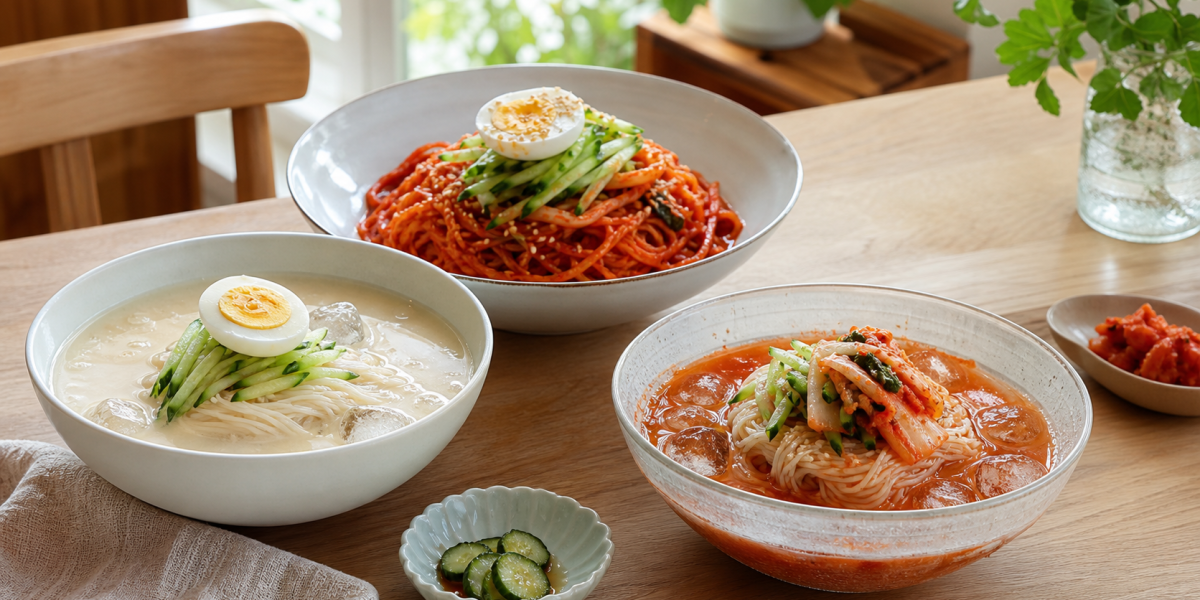 콩국수와 비빔국수, 김치말이국수를 담은 여름 국수 상차림