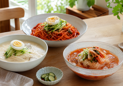 콩국수와 비빔국수, 김치말이국수를 담은 여름 국수 상차림