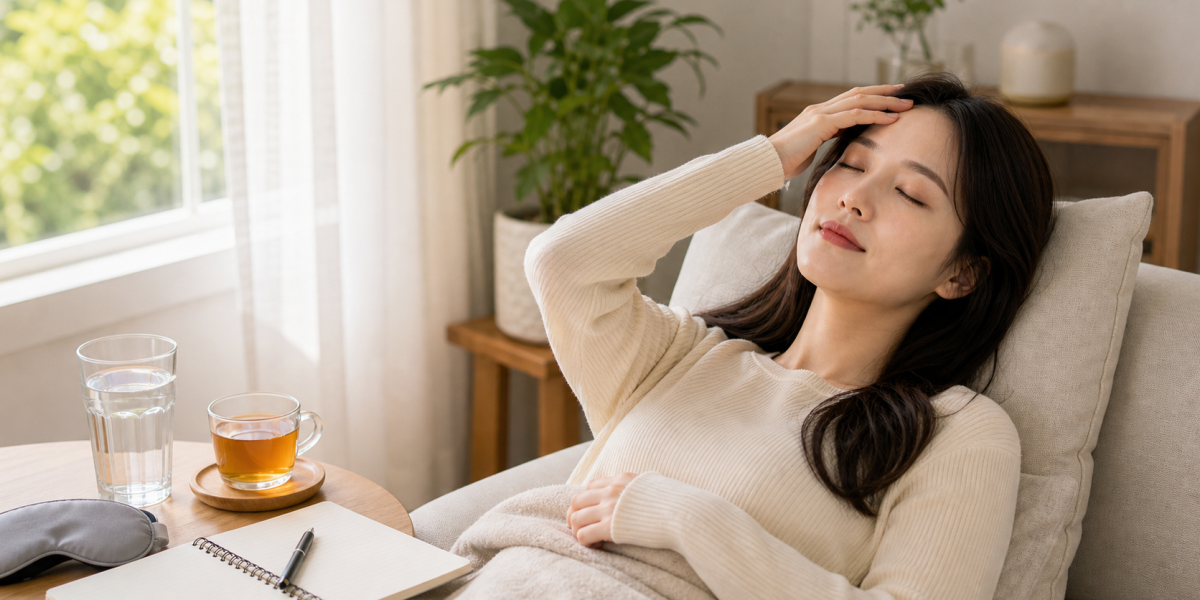 편안하게 휴식하며 두통을 관리하는 모습