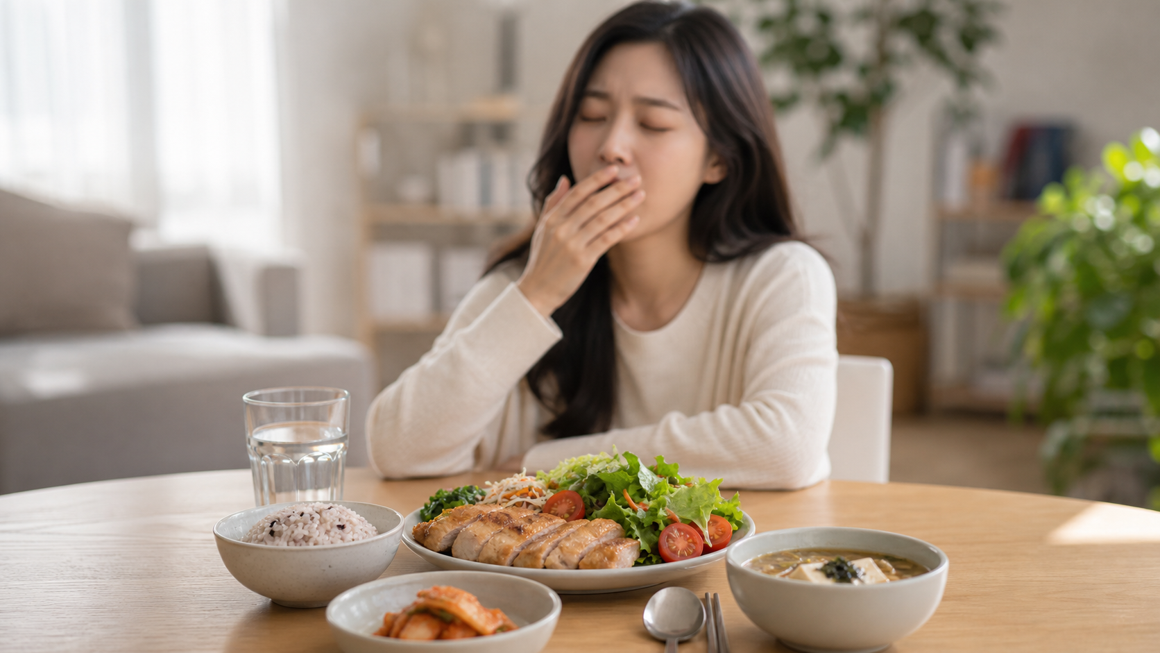 식후 혈당 스파이크와 나른함을 보여주는 식사 장면