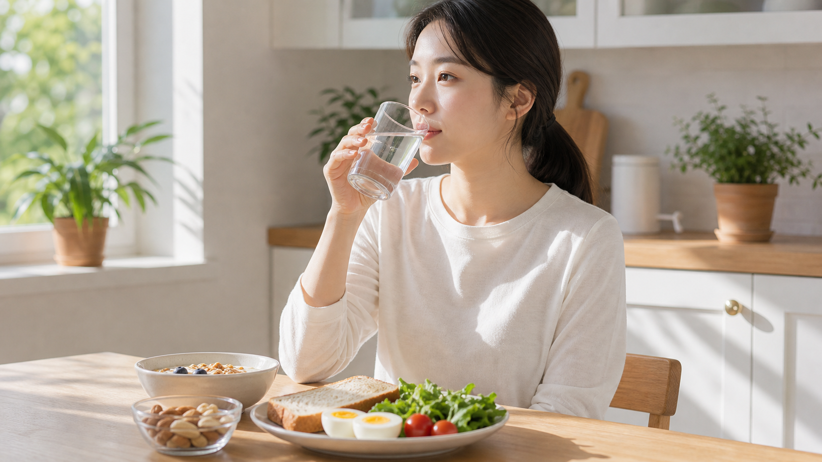 아침 공복에 물과 부드러운 아침 식사를 준비하는 모습