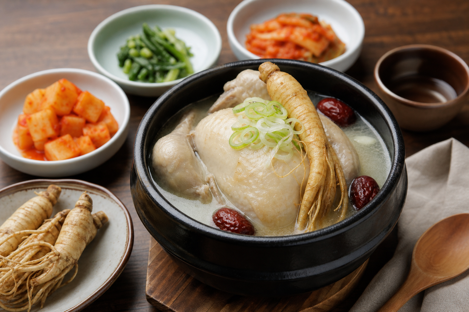 인삼과 대추가 올라간 삼계탕 한 상