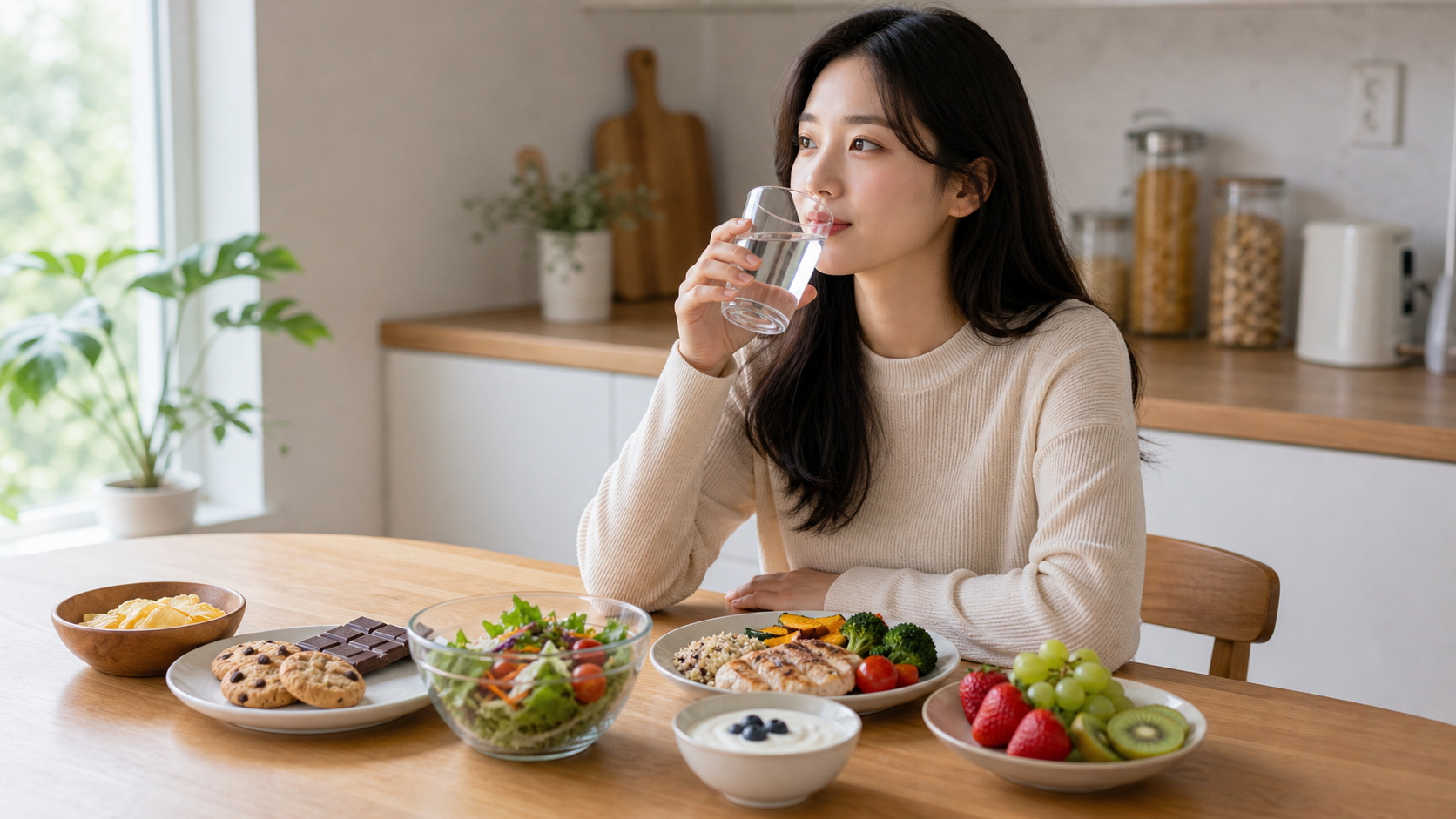 갈증과 배고픔을 구분하기 위해 물을 마시는 모습