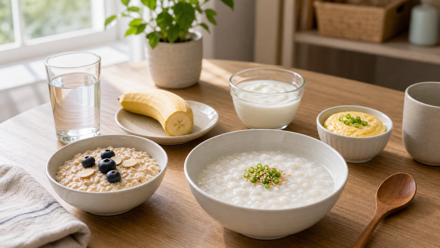공복에 부담이 적은 죽 오트밀 바나나 요거트