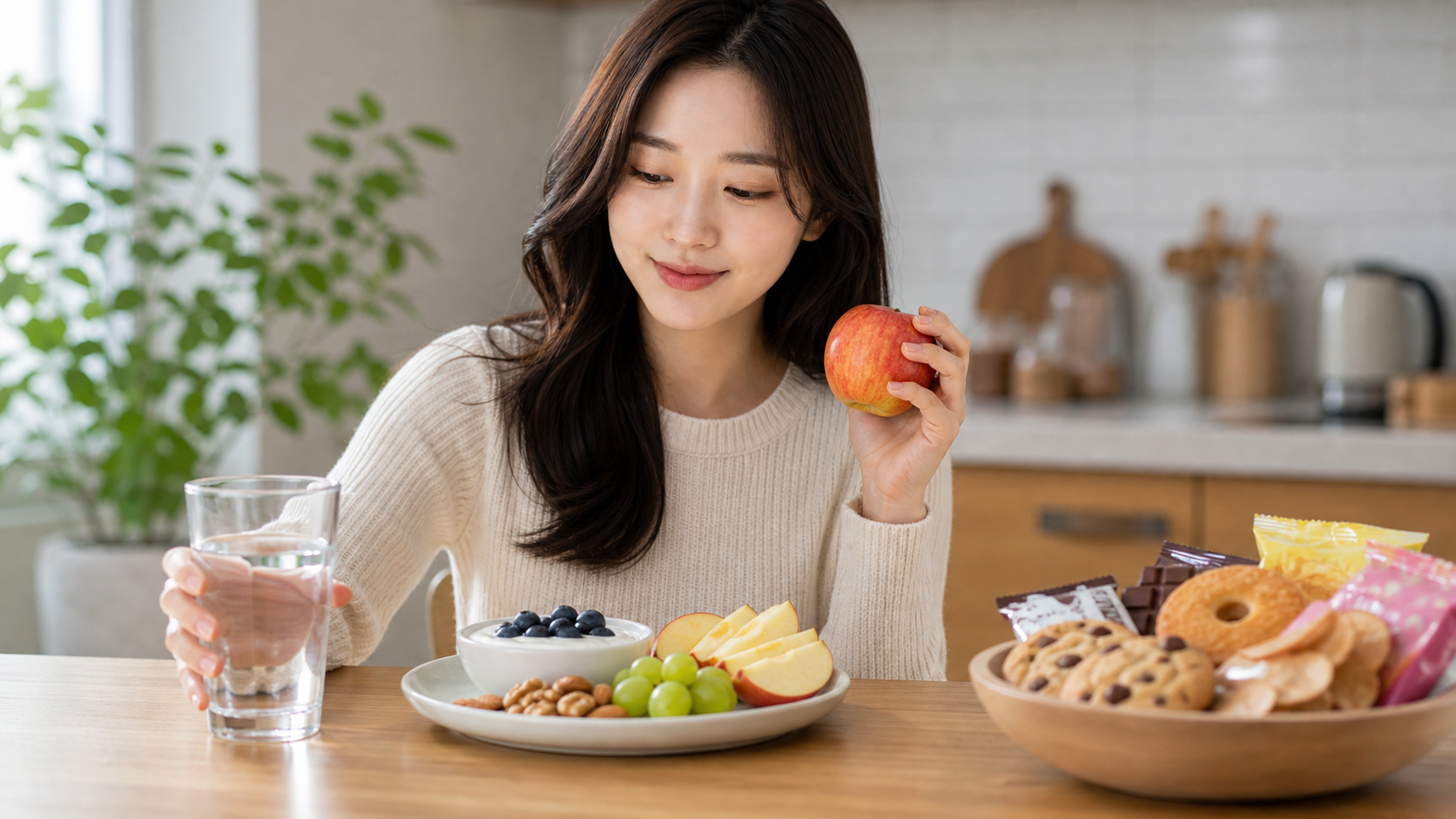 가짜 배고픔을 구분하기 위해 물과 건강 간식을 선택하는 모습