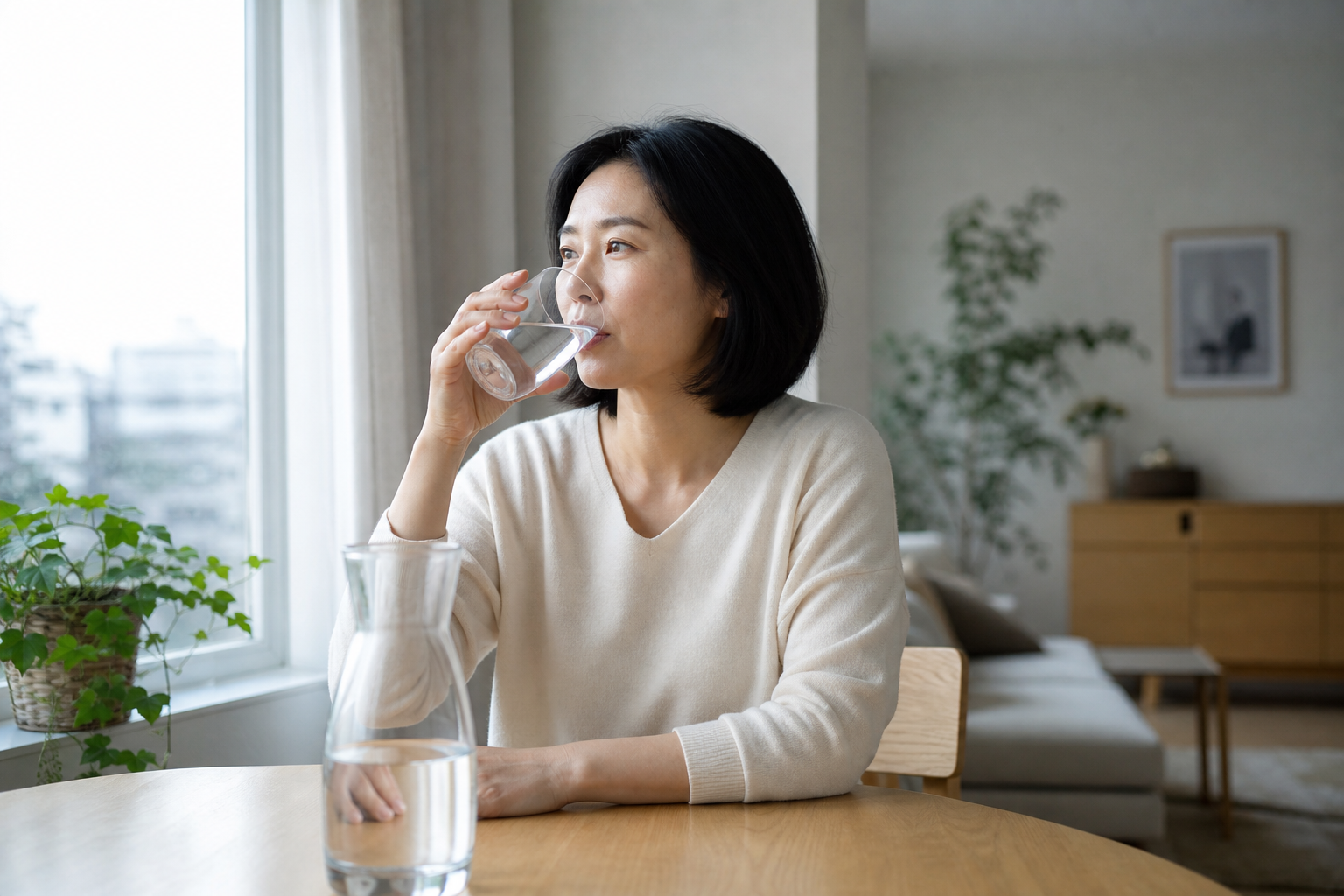 미지근한 물을 마시는 모습