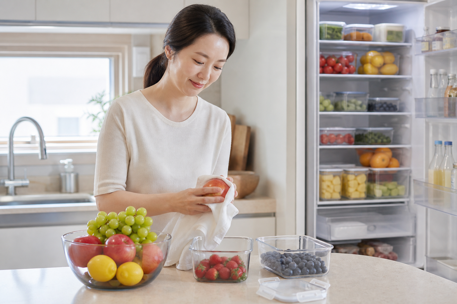 냉장고 야채칸에 정리된 과일과 밀폐용기
