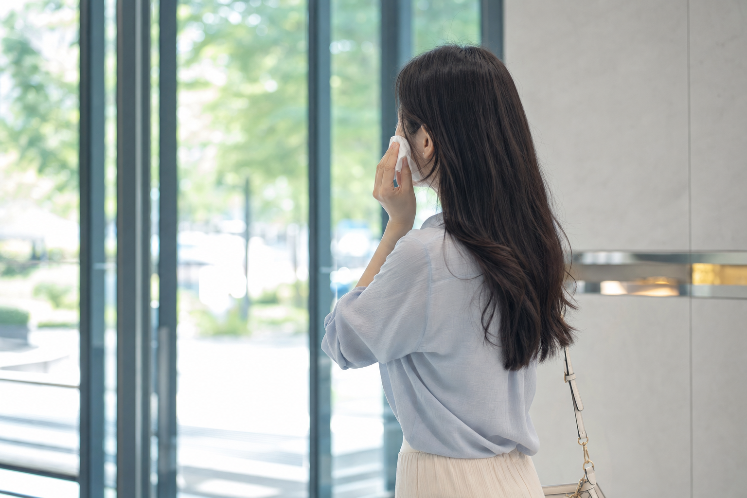 실내로 들어와 땀을 가볍게 닦는 모습