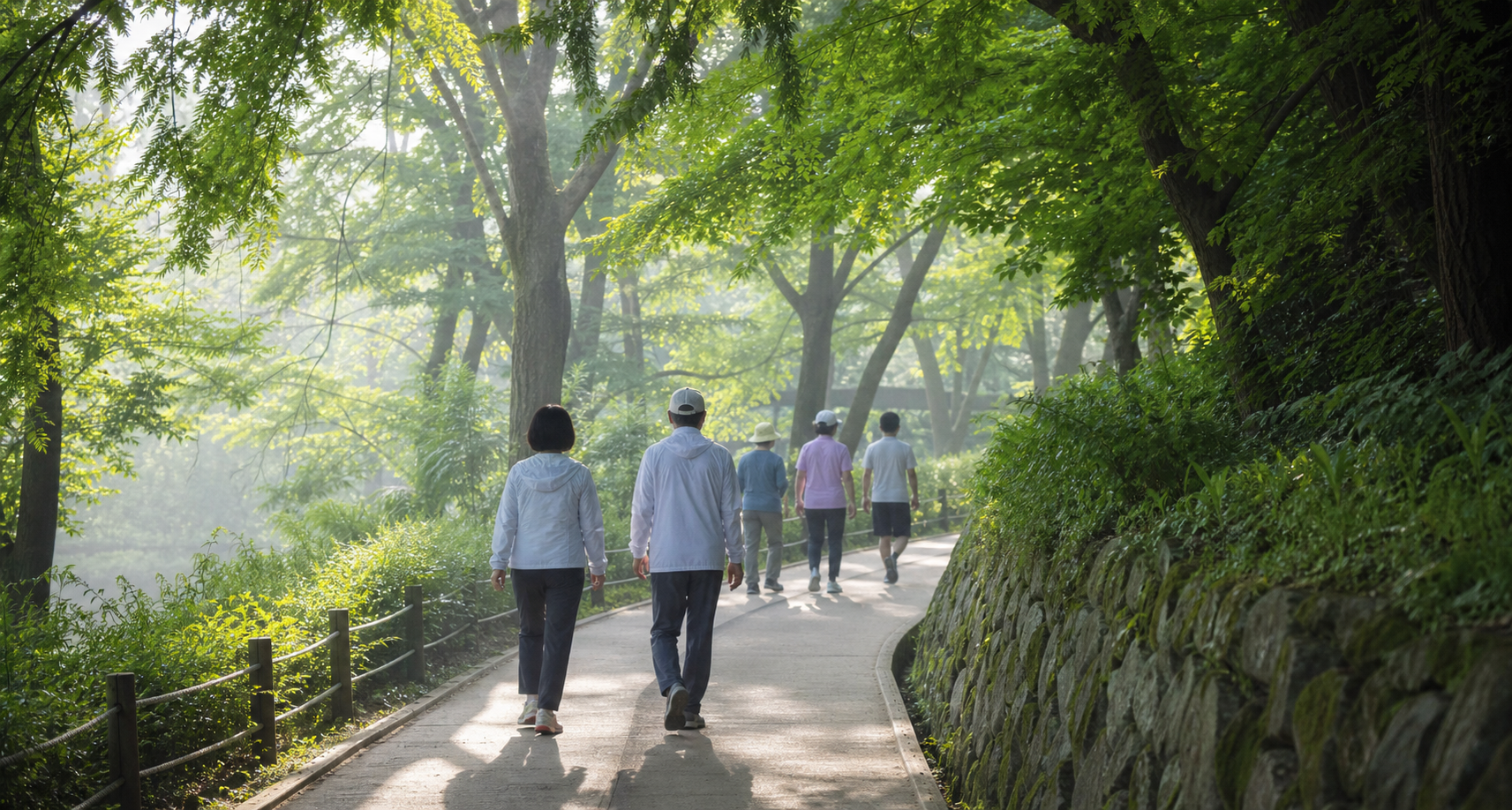 이른 아침 공원에서 가볍게 걷는 사람들