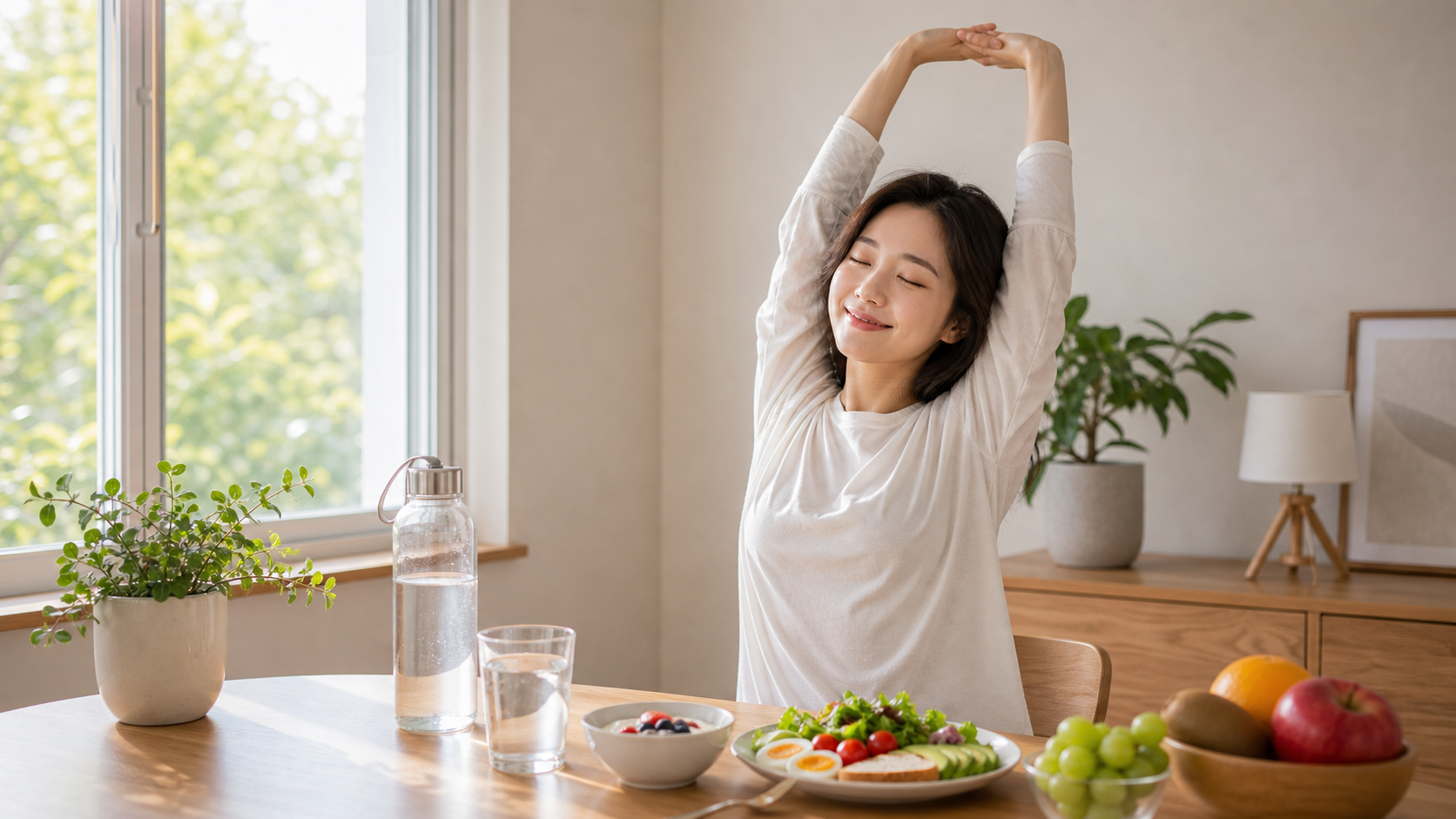 아침 컨디션과 수분 섭취를 돕는 스트레칭 장면