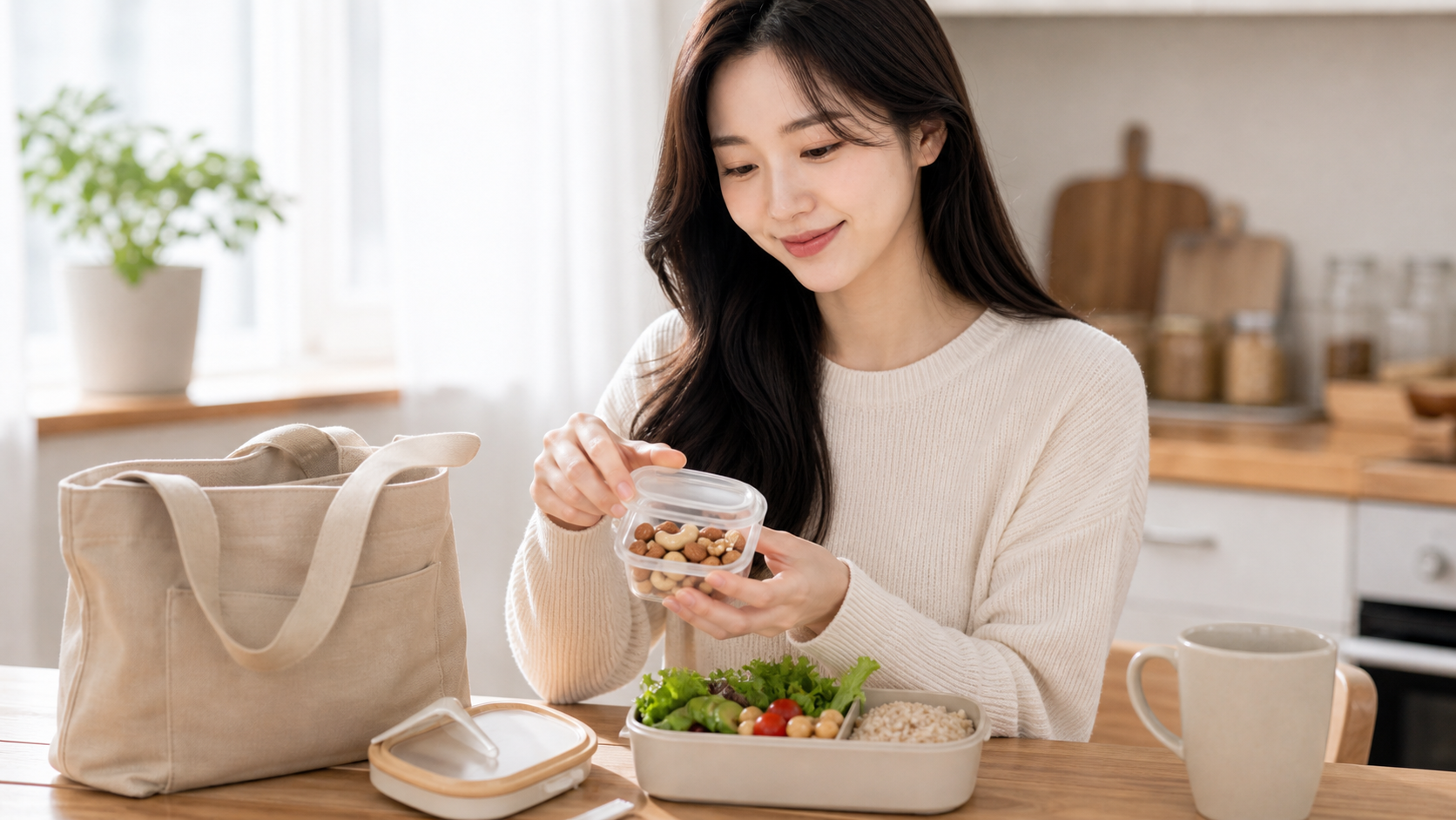 견과류를 작은 용기에 담아 챙기는 아침