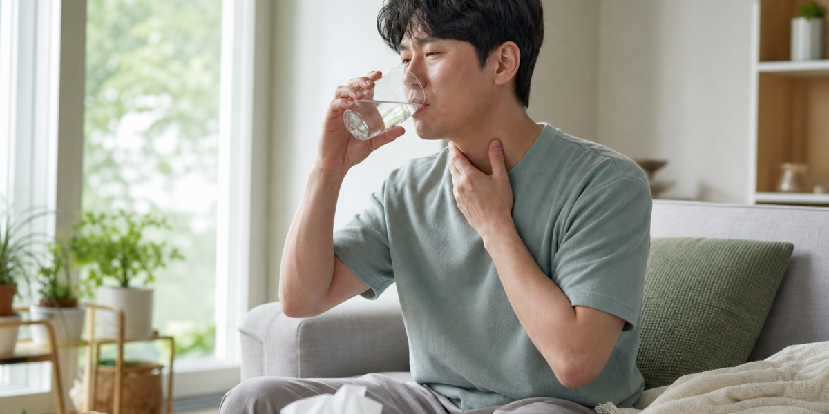 여름철 집에서 물을 마시며 목의 불편을 관리하는 모습