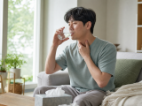여름철 집에서 물을 마시며 목의 불편을 관리하는 모습