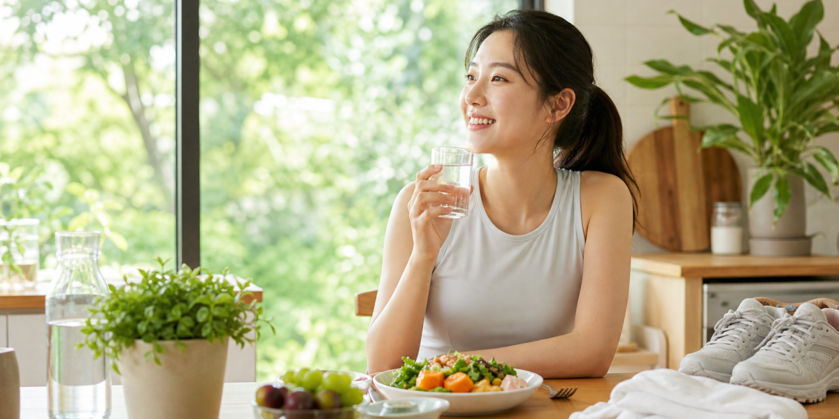 물과 균형 잡힌 식사, 운동화를 곁에 둔 여름철 건강한 체중 관리 장면