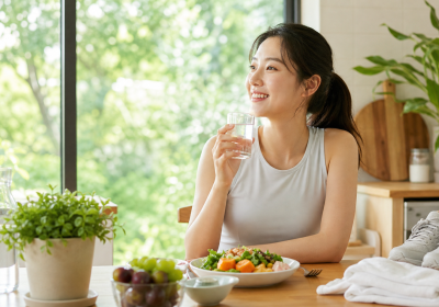 물과 균형 잡힌 식사, 운동화를 곁에 둔 여름철 건강한 체중 관리 장면