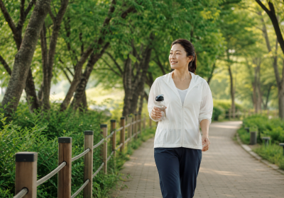 이른 아침 나무 그늘 아래 물병을 들고 걷는 한국인