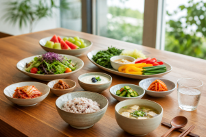 김치와 요거트, 채소, 잡곡밥으로 차린 여름 장 건강 식탁