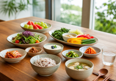 김치와 요거트, 채소, 잡곡밥으로 차린 여름 장 건강 식탁