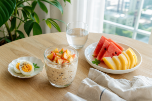 시원한 과일과 오트밀, 달걀, 물이 놓인 여름 아침 식탁