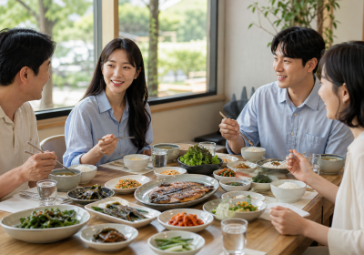 여름 한식당에서 채소와 구이, 물을 곁들여 식사하는 사람들