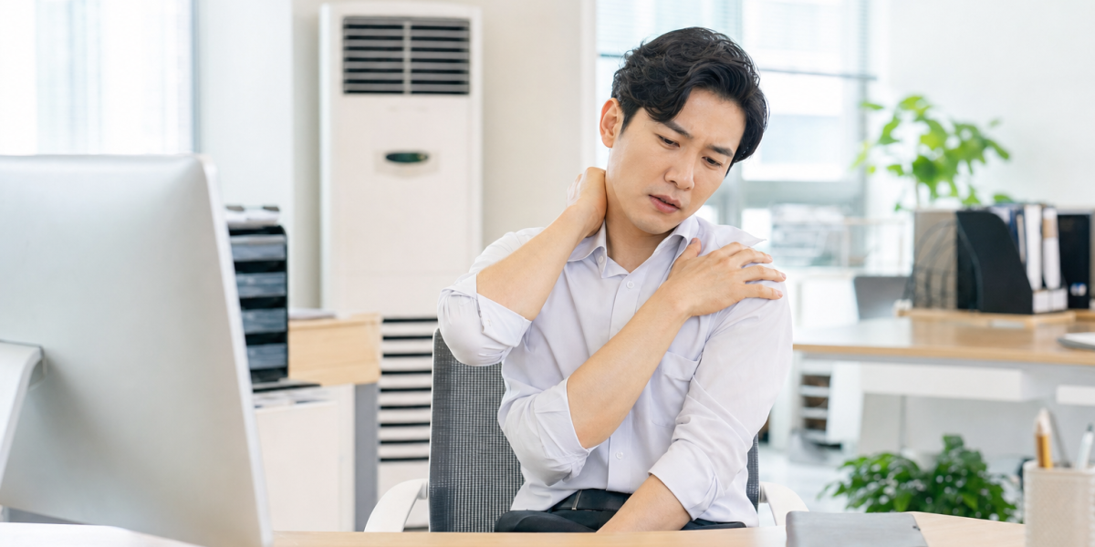 사무실에서 목과 어깨의 불편을 느끼는 직장인