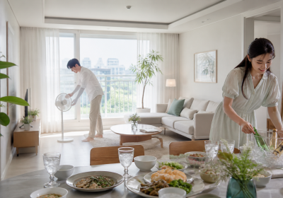 시원하게 정돈한 거실과 여름 손님상을 준비하는 한국인 호스트