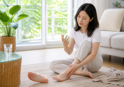 여름철 밝은 거실에서 손과 발의 감각을 살피는 한국인 성인의 자연스러운 건강 관리 장면