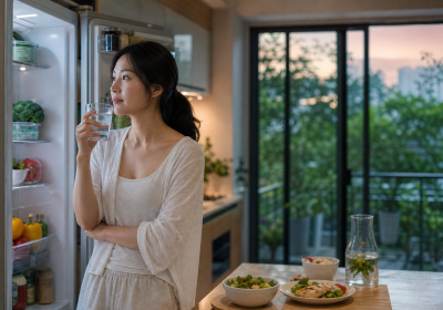 여름 저녁 냉장고 앞에서 물을 마시며 먹을지 잠시 생각하는 한국인 여성