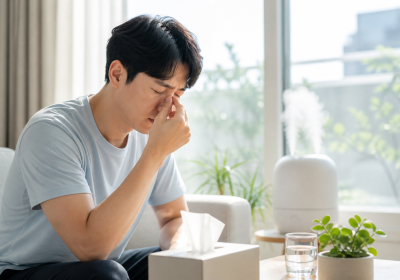 여름철 실내에서 고개를 앞으로 숙이고 콧방울을 누르는 한국인 성인
