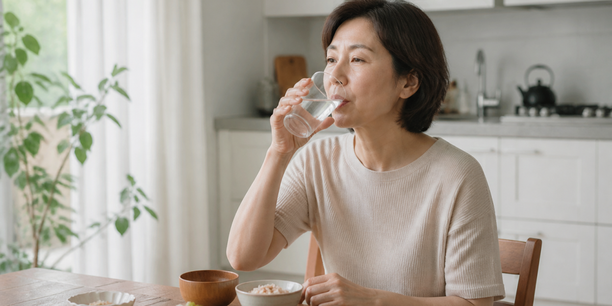 여름철 물과 혈압계를 준비하며 심장과 혈압 건강을 관리하는 한국인 중년 부부